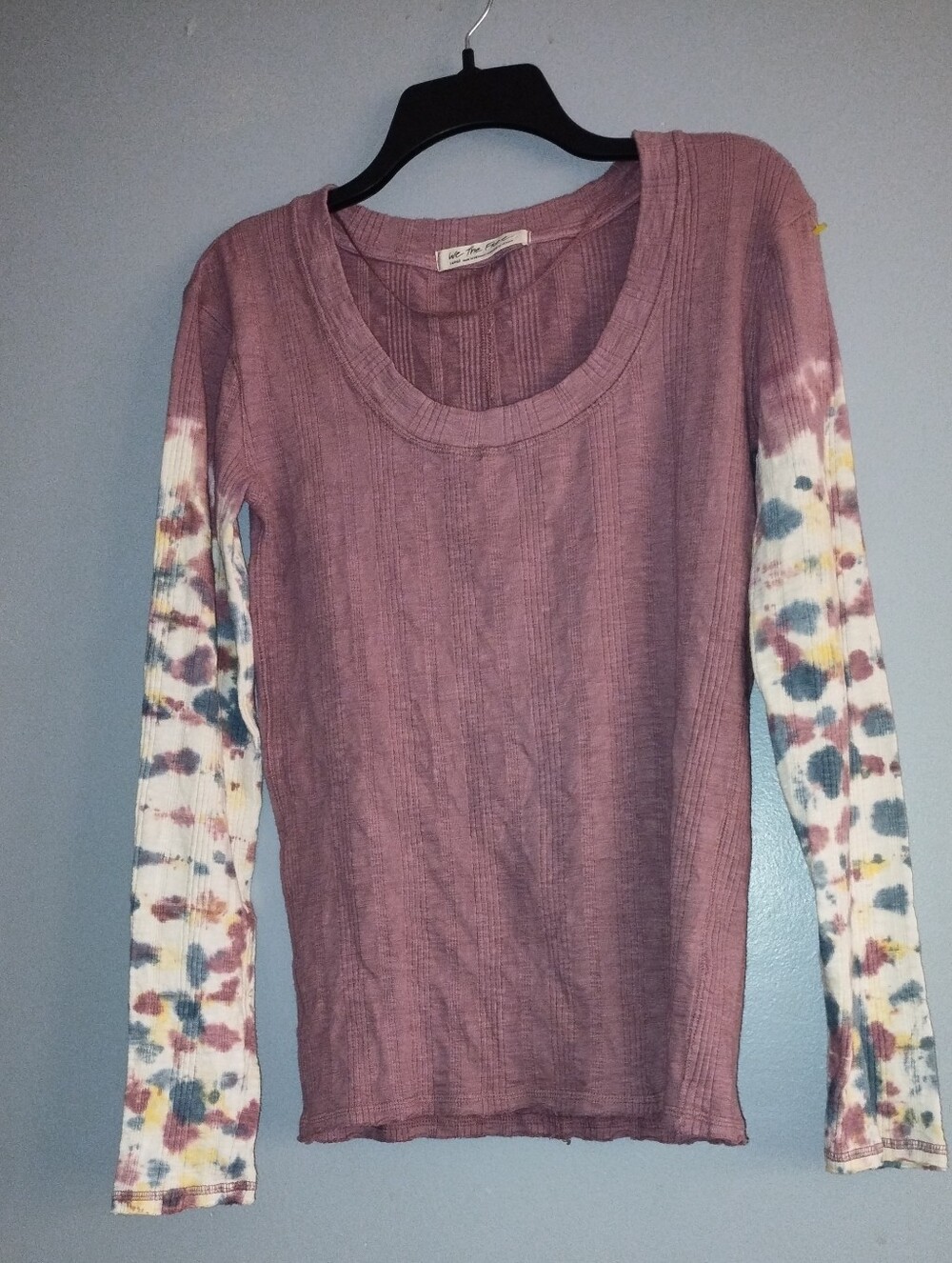 We The Free Mauve Ribbed Scoop Neck Long Sleeve with Tie-Dye Sleeves